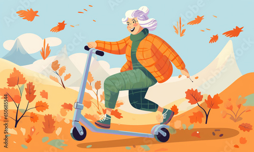 a happy senior woman riding a scooter in an autumn park. concept of active retirement and happy alone time © Olga