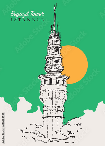 Drawing sketch illustration of Beyazit Tower in Istanbul, Turkiye