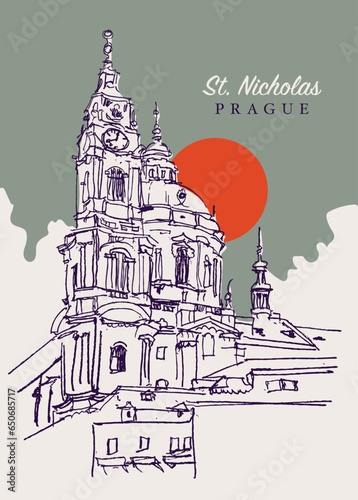 Drawing sketch illustration of St. Nicholas Church in Prague, Czechia