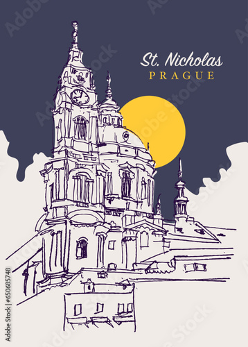 Drawing sketch illustration of St. Nicholas Church in Prague, Czechia