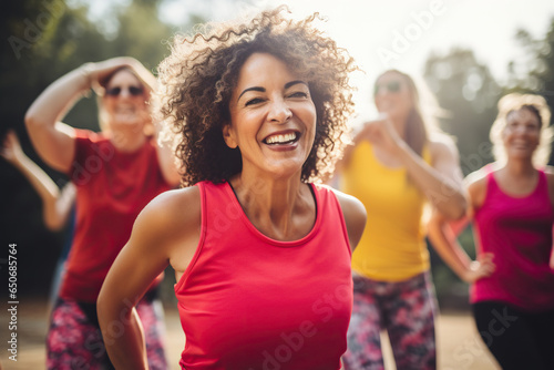 Middle-aged women enjoying a joyful dance class  candidly expressing their active lifestyle.
