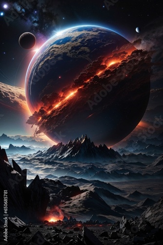 Cell phone wallpaper a planet that is being destroyed by a large asteroid 