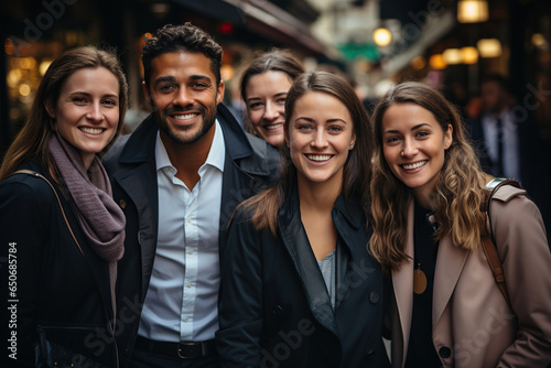 Mixed-races young cheerful people in business style walking the street , laughing and talking.