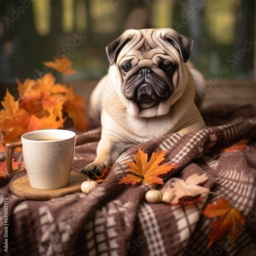 Pug dog lies with plaid, cup of coffee and autumn decor