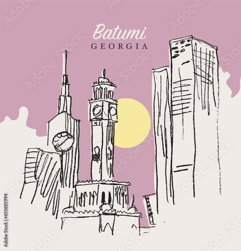 Drawing sketch illustration of the skyscrapers and Chacha Tower in Batumi, Georgia