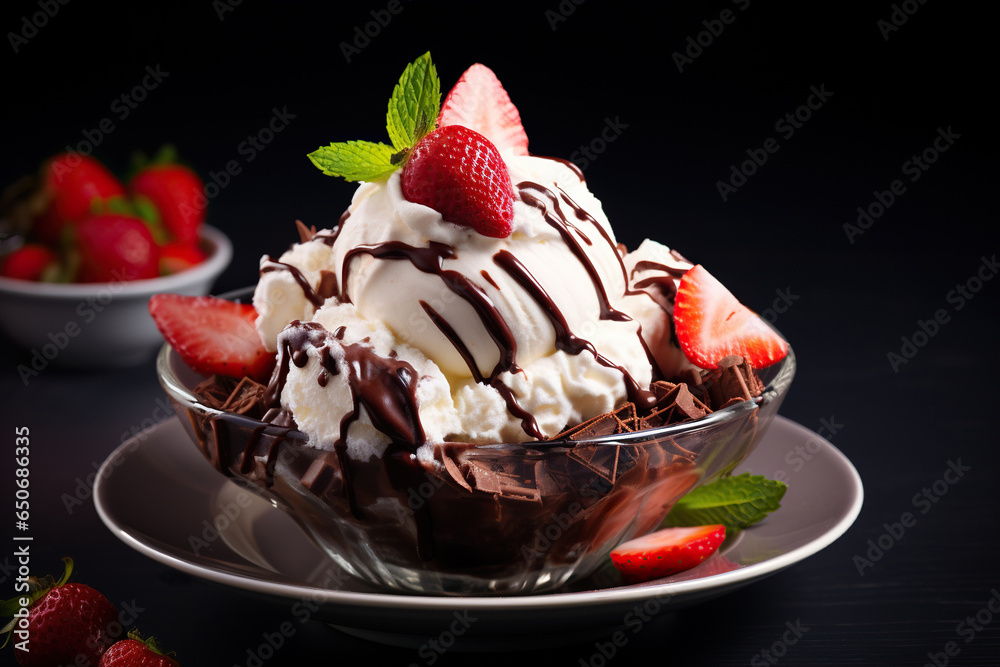 Ice cream in a bowl of dessert with chocolate cream on black background Ice cream in a bowl of dessert with chocolate cream on black background