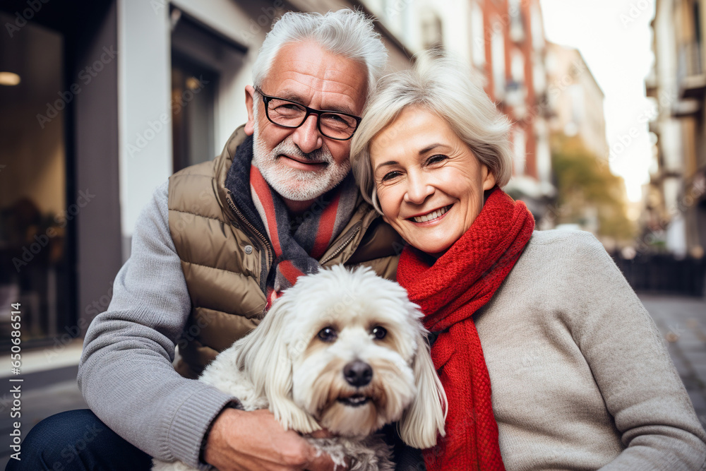 Romantic senior couple with their dog in the street Romantic senior couple with their dog in the street