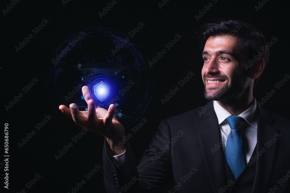 An image of a businessman holding a shield and a protect icon illustrates the protection of network security and the safety of data. An image of a businessman holding a shield and a protect icon illustrates the protection of network security and the safety of data.