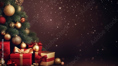 Christmas & New Year background with beautiful decorations, gift boxes, toys, snow, Christmas tree and blank space for text