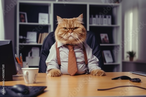 a cat in a orange shirt and a tie sits at the office desk  a cat in the office with a tie
