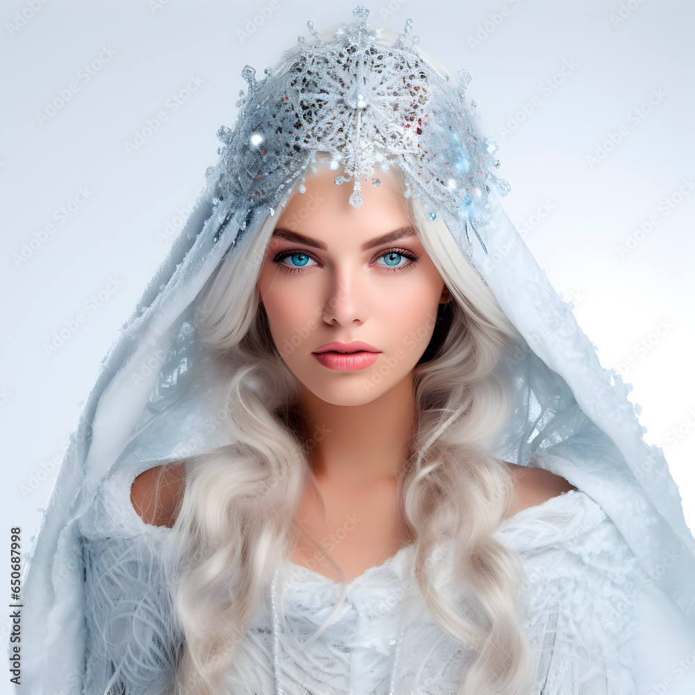 Professional studio photo of modern Snow Maiden in gorgeous costume, on background with glitter and snow Professional studio photo of modern Snow Maiden in gorgeous costume, on background with glitter and snow