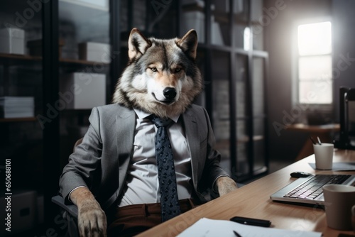 a wolf in a white shirt with a tie sits at the office desk, a wolf in the office with a tie