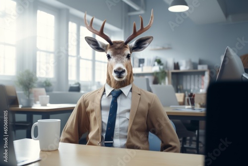 a deer in a white shirt with a tie sits at the office desk, a deer in the office with a tie © vasyan_23