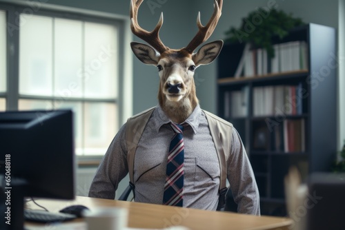 a deer in a blue shirt with a tie sits at the office desk, a deer in the office with a tie