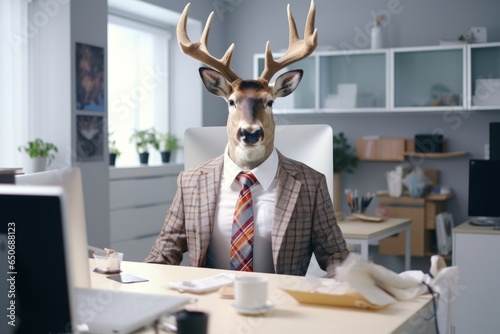 a deer in a white shirt with a tie sits at the office desk, a deer in the office with a tie