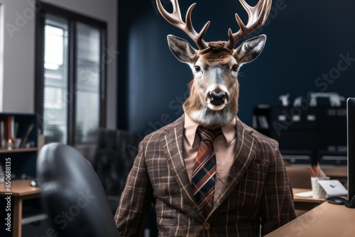 a deer in a pink shirt with a tie sits at the office desk, a deer in the office with a tie