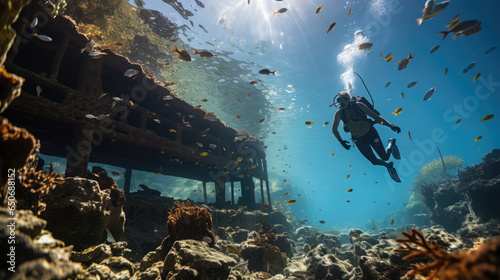 Adventurous diver exploring the vibrant underwater world with marine life.