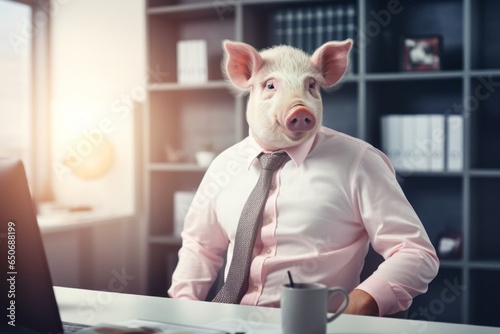 a pig in a pink shirt with a tie sits at the office desk, a pig in the office with a tie