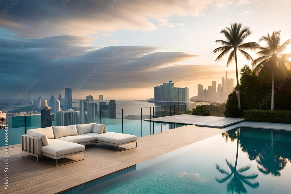 Modern villa with a private rooftop infinity pool overlooking the Miami skyline in Florida  - obrazy, fototapety, plakaty 