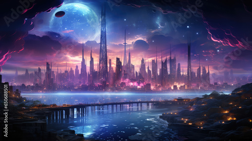 mesmerizing futuristic cityscape with neon lights and advanced architecture.