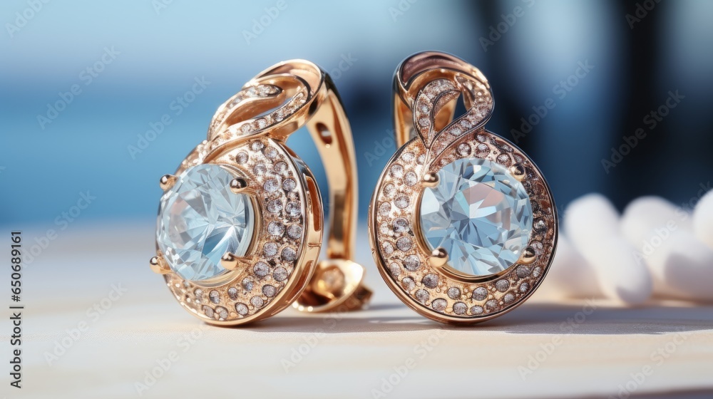 Luxury earrings with precious stones outdoor shot with bokeh effect. Luxury Beautiful exclusive earrings with diamonds with evening soft light , macro shot. 3D illustration of gold earrings. Luxury earrings with precious stones outdoor shot with bokeh effect. Luxury Beautiful exclusive earrings with diamonds with evening soft light , macro shot. 3D illustration of gold earrings.