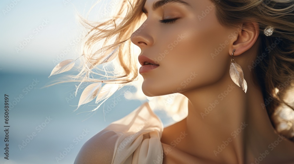 Obraz na płótnie Beautiful young woman with Luxury earrings with precious stones on blue sea background with soft focus. Fashion outdoor photo of sensual woman with blond hair in elegant dress and style accessories. w salonie