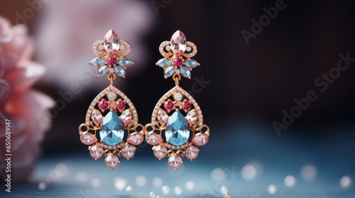 Luxury earrings with precious stones on table with bokeh effect. Luxury Beautiful exclusive earrings with diamonds with evening soft light , macro shot. 3D illustration of gold earrings.