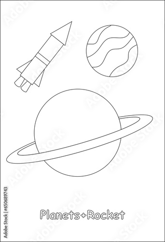 children coloring page rocket spaceship and  astronomy planet line drawing page for preschool photo