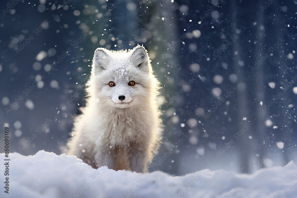 Arctic Fox Amidst Falling Snow: Cold Winter Serenity