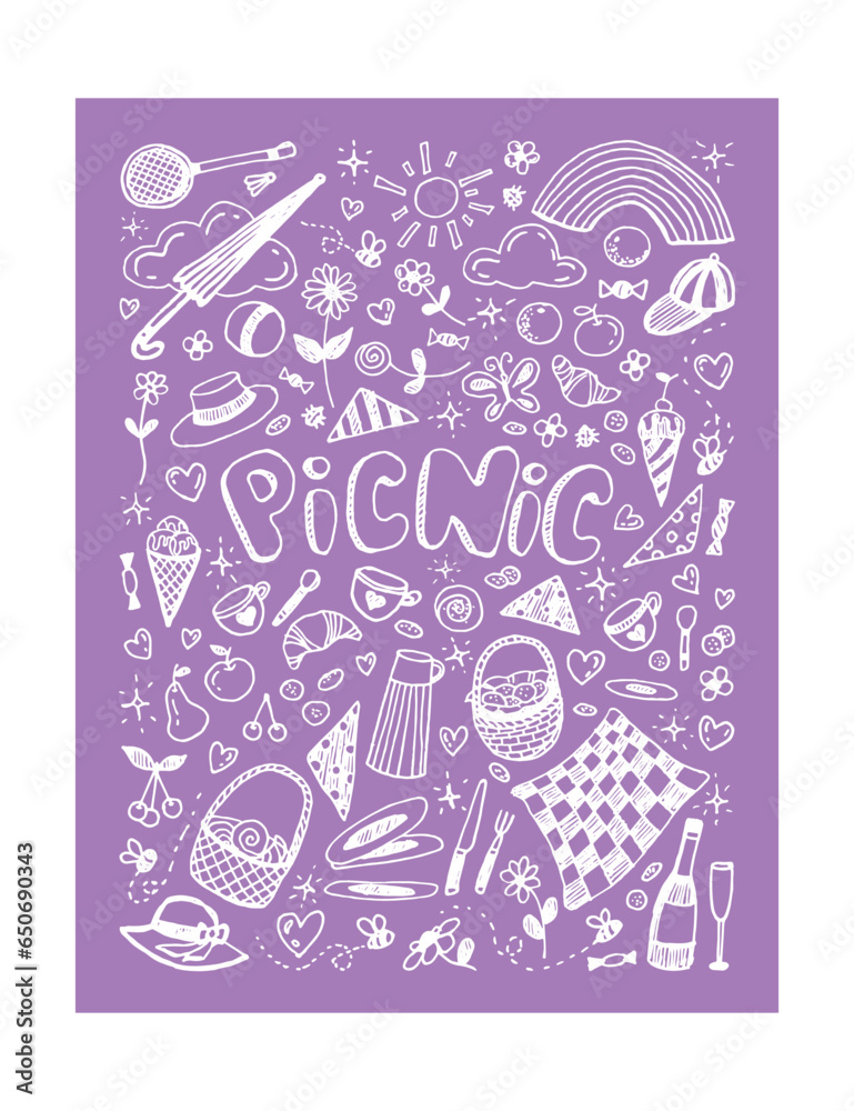 Picnic linear vector illustration on purple background