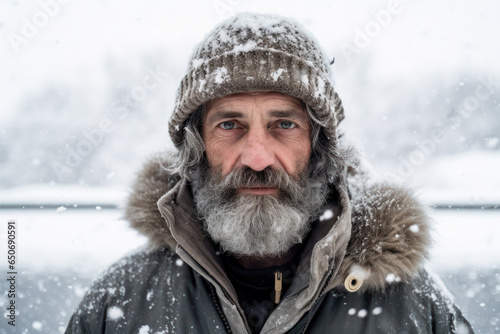 close-up portrait of a man in a hat and beard. Looking at the camera, winter and snow