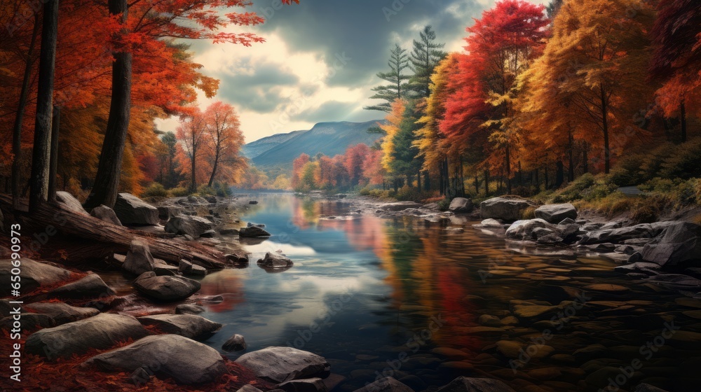 rocky river with mountains in the background. beautiful yellow and red fall colors gives a sense of piece and solitude rocky river with mountains in the background. beautiful yellow and red fall colors gives a sense of piece and solitude