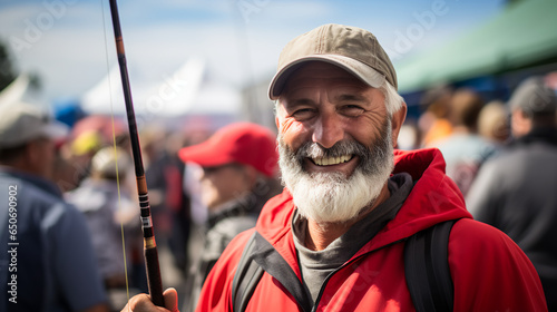 a triumphant man lifts his fishing rod high as he poses with a prized catch during a competitive fishing tournament, his accomplishment evident in his satisfied smile. 