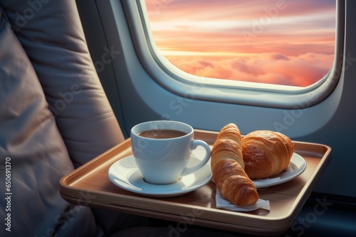 Cup of fresh coffee and croissant served on a business class seats in an airplane