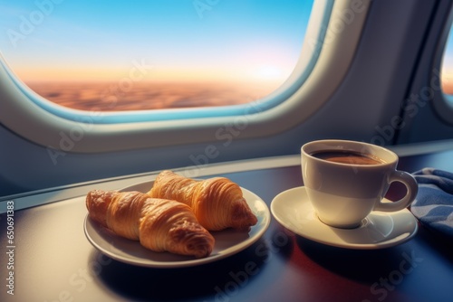 Cup of fresh coffee and croissant served on a business class seats in an airplane
