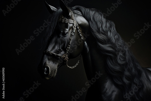 A black horse head and neck on black background © AI_images_for_people
