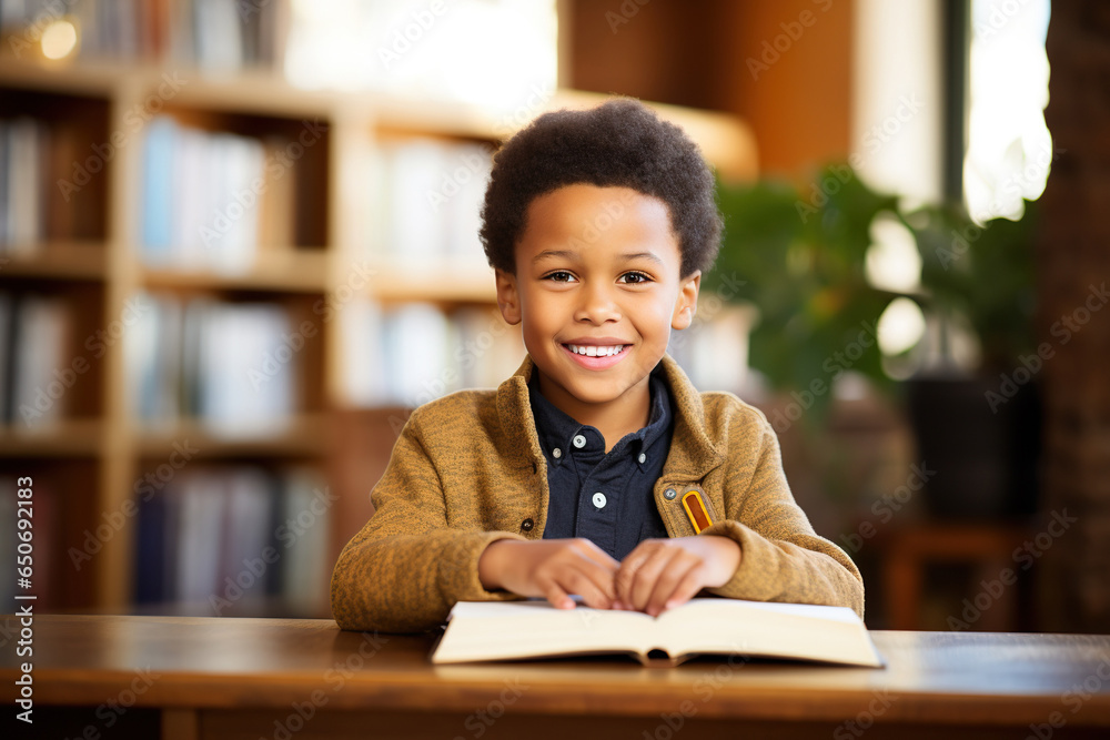 Cute African American boy reading book in library Cute African American boy reading book in library