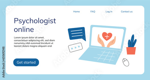 Online help ui layout page, psychotherapy web banner, mental health problems, distant psychologist consultation on laptop, support chat group, counselling on internet, vector interface for therapist