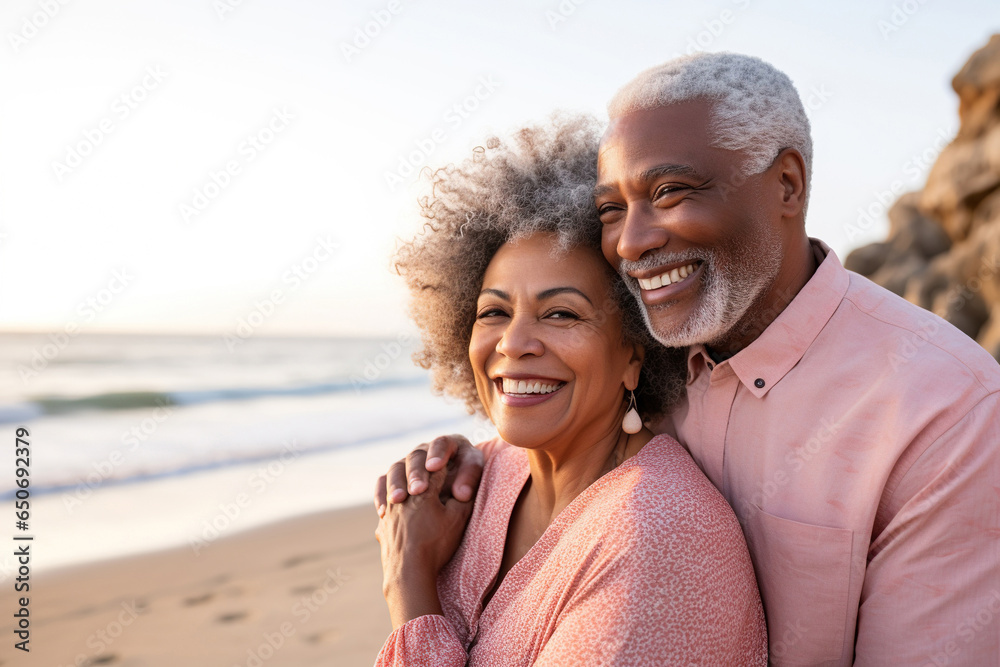 Very happy African American mature woman embracing retired man at beach