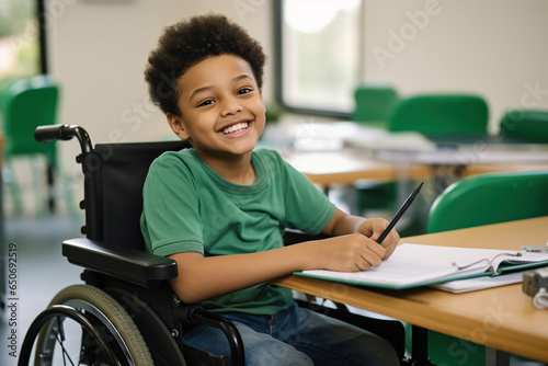 Portrait of smiling African American elementary boy studying while sitting on wheelchair at desk photo