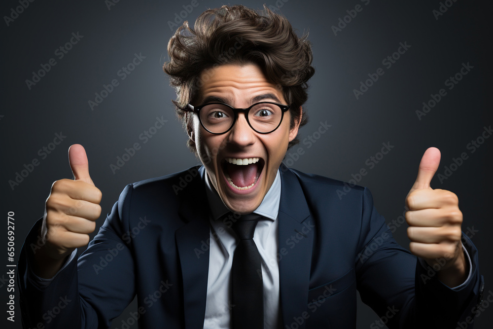 Very happy businessman on black studio background. Very happy businessman on black studio background.