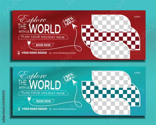 Travel facebook timeline cover design template for social media ads marketing web banner layout with black background and place for photos, tour tourism holiday agency advertising vector set