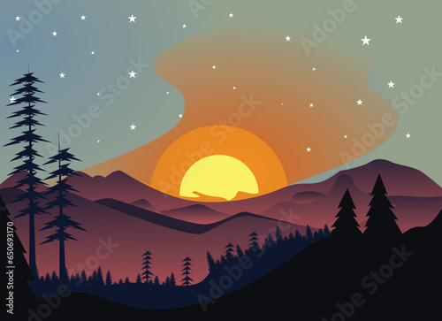 Sunrise or sunset over mountains with tree silhouettes