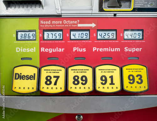 gas station pump with prices and fuel grades