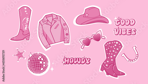 Cowgirl pink wardrobe. Vector pink girlish dolly accessories stickers 