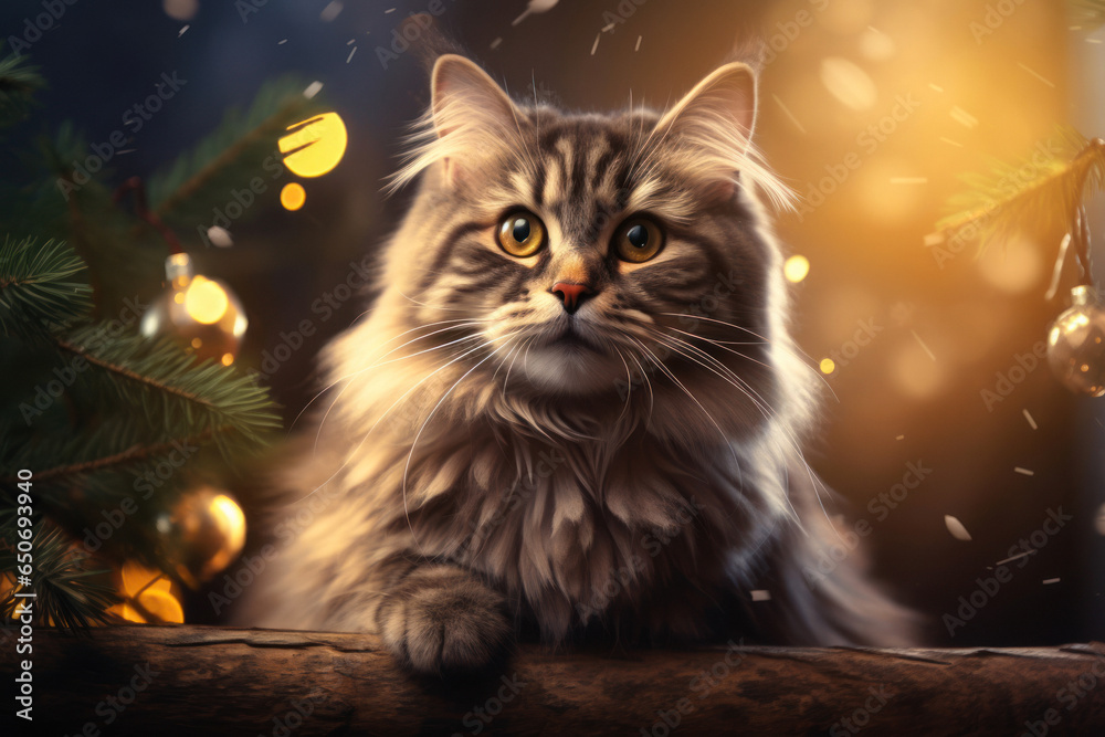 Beautiful fluffy Maine Coon cat sits under a snowfall against the background of a Christmas tree and holiday lights. Paws leaning on a wooden fence, walking on the street. 
