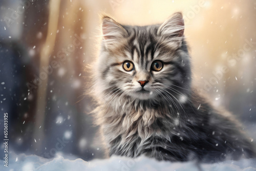 Beautiful fluffy Maine Coon kitten sits under a snowfall against the winter forest background. Cat walking on the street.