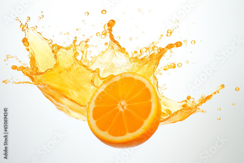 Splashing of orange juice on white background