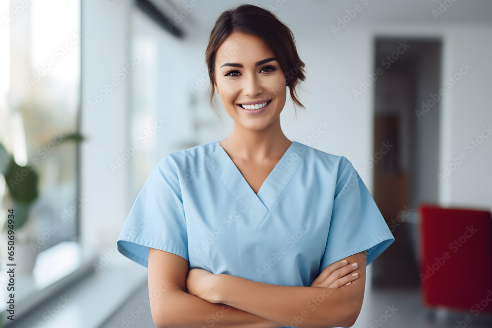 Junge professionelle lächelnde Krankenschwester Ärztin Profilbild - obrazy, fototapety, plakaty 