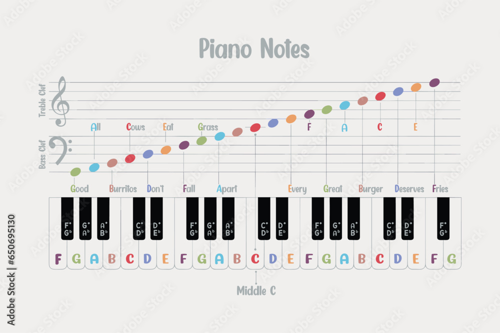 Piano Keyboard Note Chart Treble Clef and Bass Clef Stock Vector